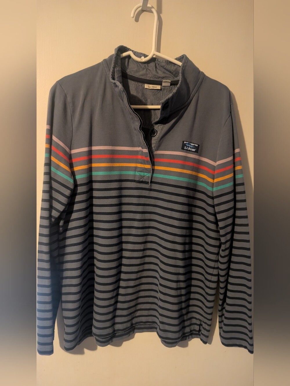 LL Bean Women’s Slate Blue Striped Quarter Button Pullover